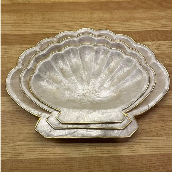 Vintage Set of 3 Capiz Shell Nesting Bowls Trinket Trays Gold Trim Pearlescent - Picture 8 of 8